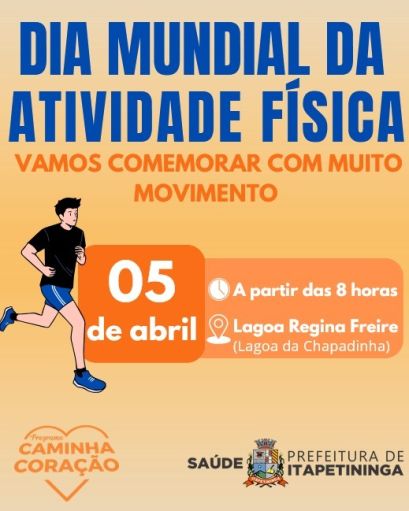 No próximo sábado (05), a partir das 8h, a Lagoa “Regina Freire”, mais conhecida como Lagoa da Chapadinha, será palco para diversas atividades em celebração ao Dia Mundial da Atividade Física, comemorado no dia 06 de abril.